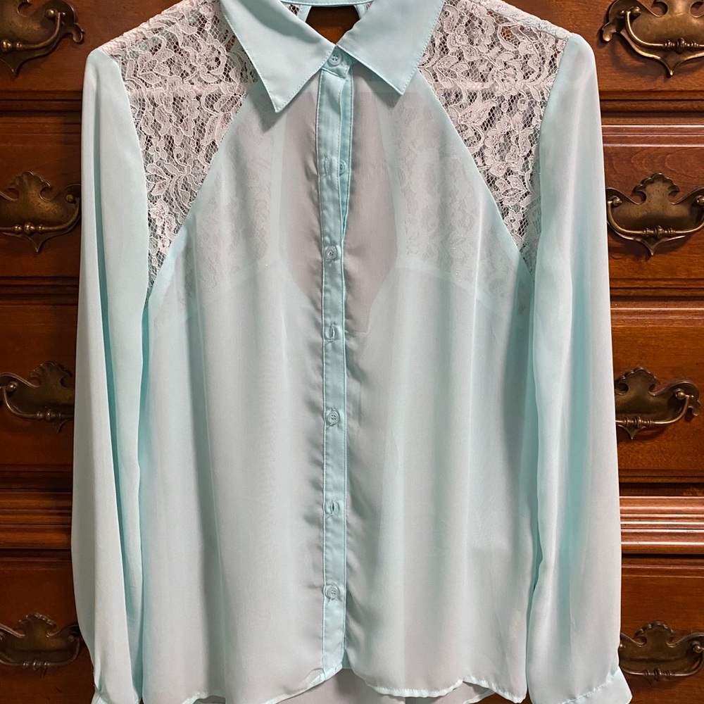 Kirra sheer blue button up lace back blouse